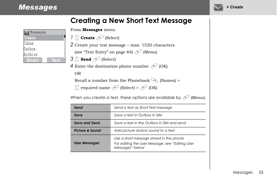 Messages, Creating a new short text message | Panasonic G70 User Manual | Page 58 / 109