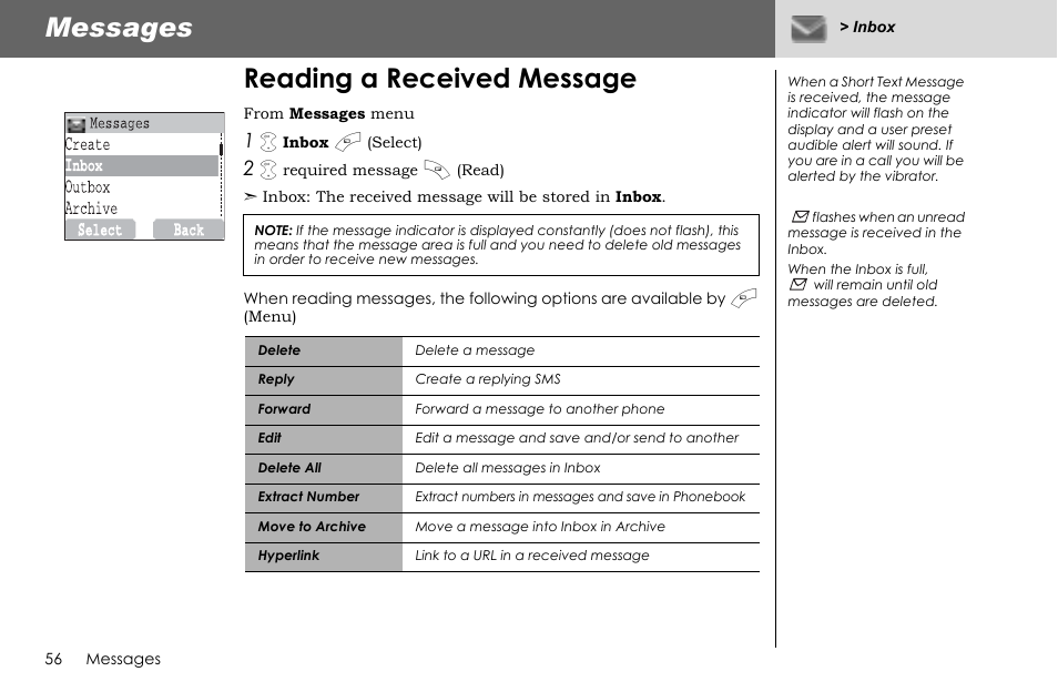 Messages, Reading a received message | Panasonic G70 User Manual | Page 59 / 109
