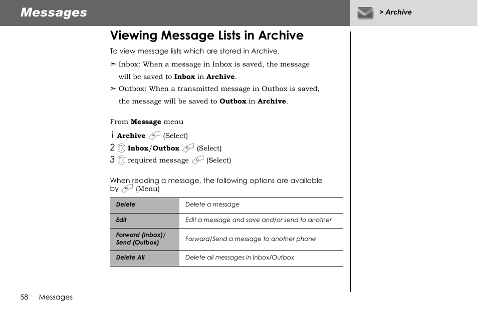 Messages, Viewing message lists in archive | Panasonic G70 User Manual | Page 61 / 109