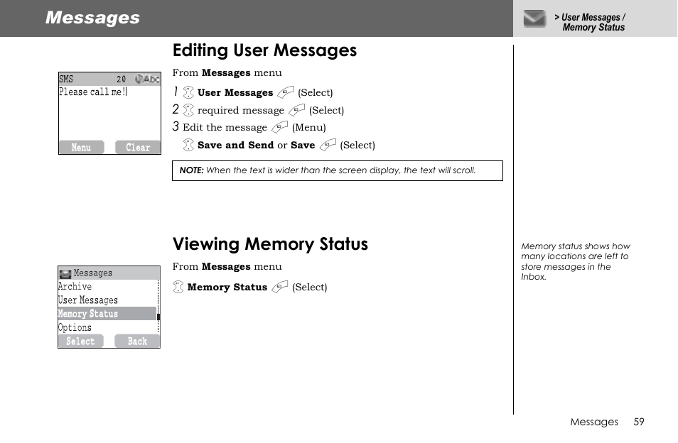 Messages, Editing user messages | Panasonic G70 User Manual | Page 62 / 109
