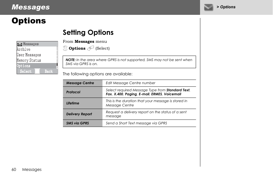 Options, Messages, Setting options | Panasonic G70 User Manual | Page 63 / 109