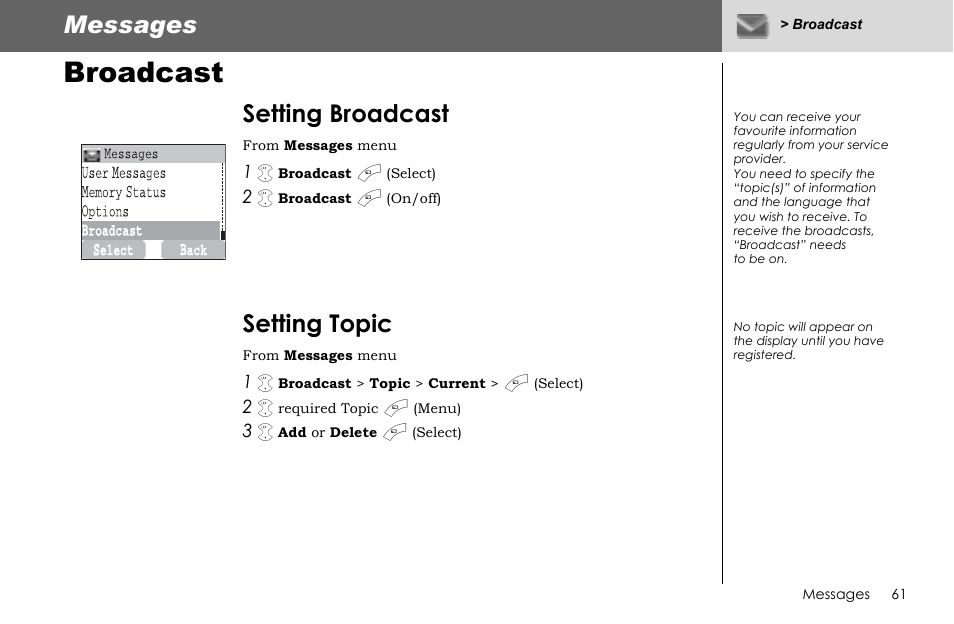 Broadcast, Messages, Setting broadcast | Setting topic | Panasonic G70 User Manual | Page 64 / 109