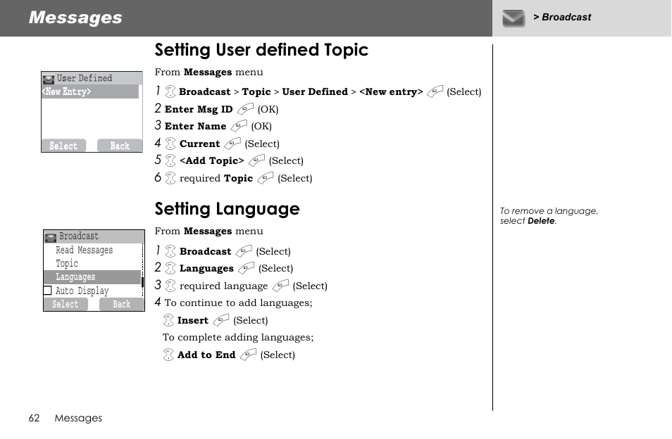 Messages, Setting user defined topic, Setting language | Panasonic G70 User Manual | Page 65 / 109