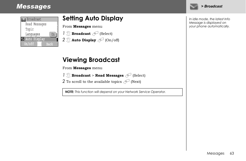 Messages, Setting auto display, Viewing broadcast | Panasonic G70 User Manual | Page 66 / 109