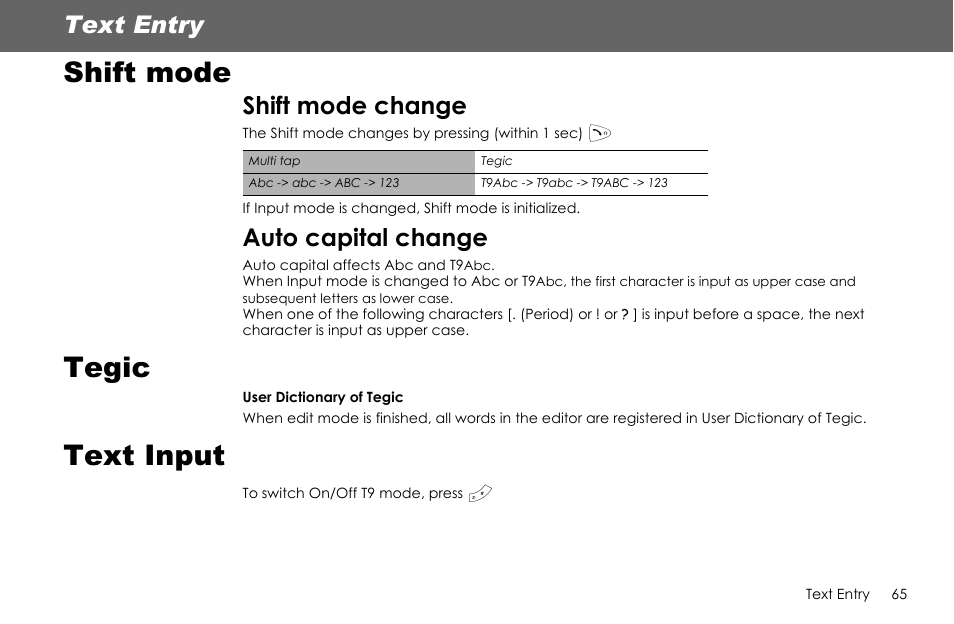 Shift mode, Tegic, Text input | Text entry, Shift mode change, Auto capital change | Panasonic G70 User Manual | Page 68 / 109