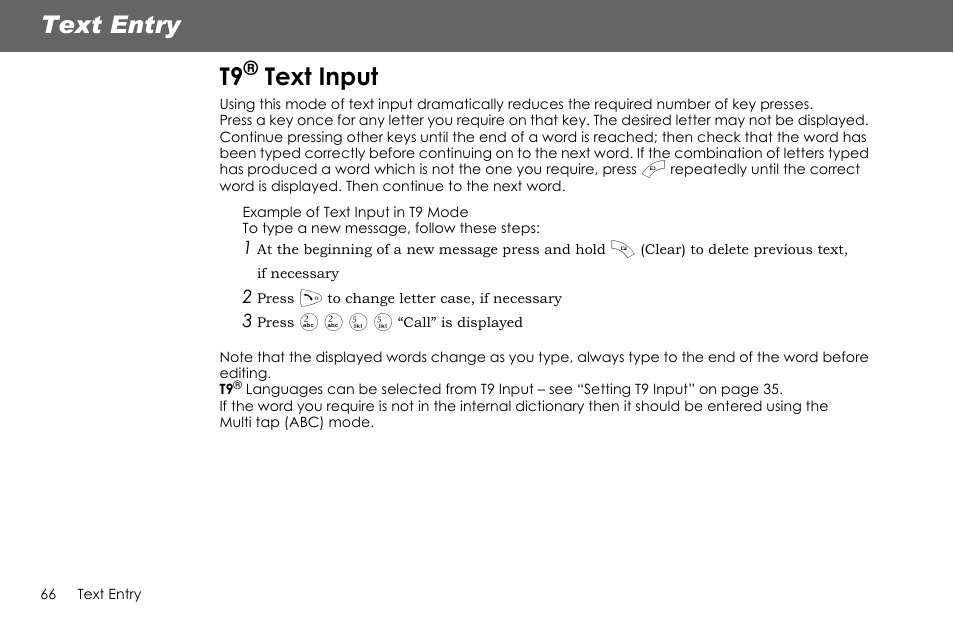 Text entry t9, Text input | Panasonic G70 User Manual | Page 69 / 109