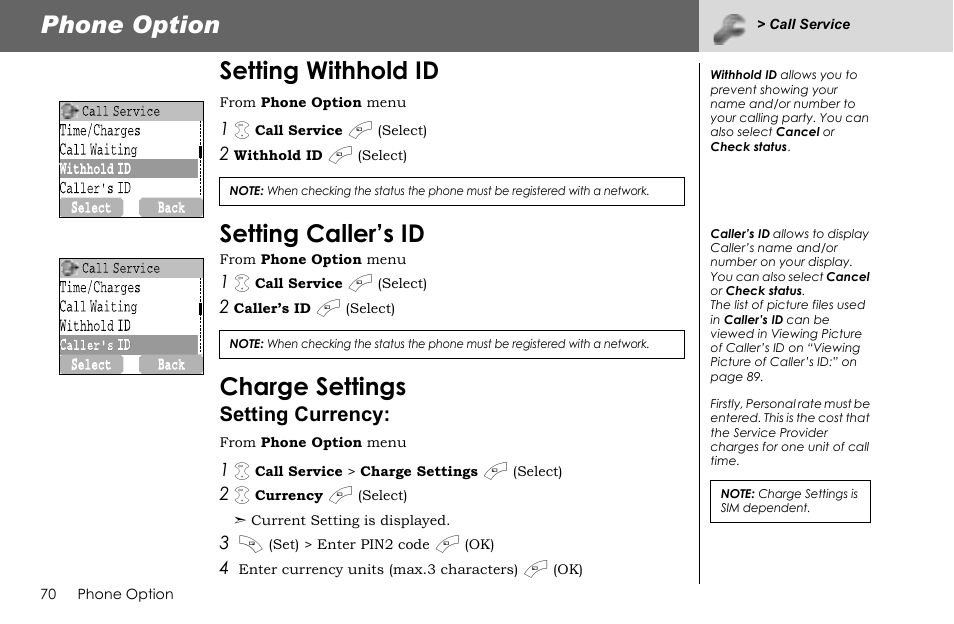 Phone option, Setting withhold id, Setting caller’s id | Charge settings, Setting currency | Panasonic G70 User Manual | Page 73 / 109