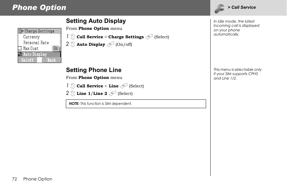 Phone option, Setting auto display, Setting phone line | Panasonic G70 User Manual | Page 75 / 109