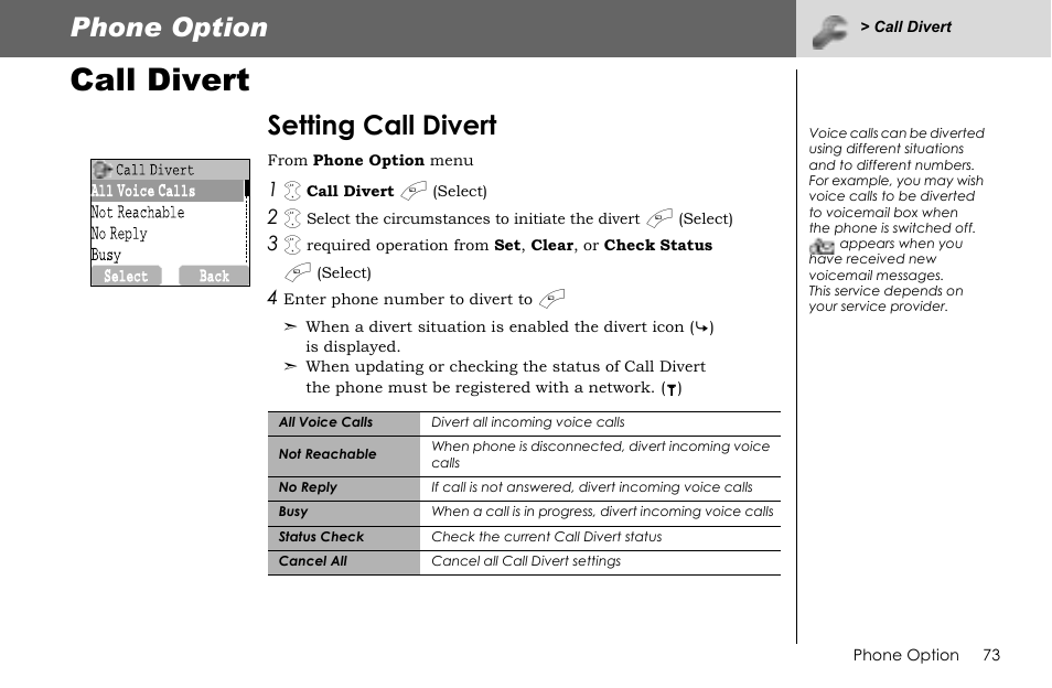 Call divert, Phone option, Setting call divert | Panasonic G70 User Manual | Page 76 / 109