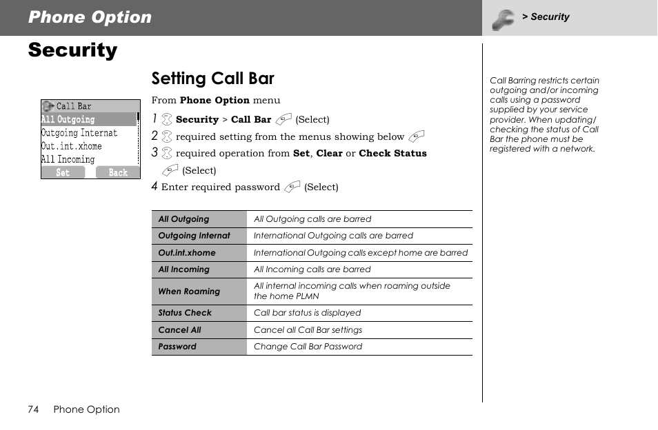 Security, Phone option, Setting call bar | Panasonic G70 User Manual | Page 77 / 109