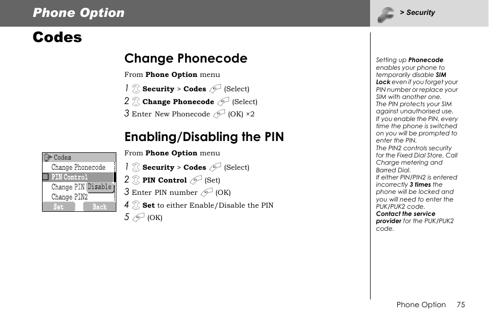 Codes, Phone option, Change phonecode | Enabling/disabling the pin | Panasonic G70 User Manual | Page 78 / 109