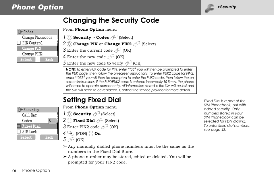 Phone option, Changing the security code, Setting fixed dial | Panasonic G70 User Manual | Page 79 / 109