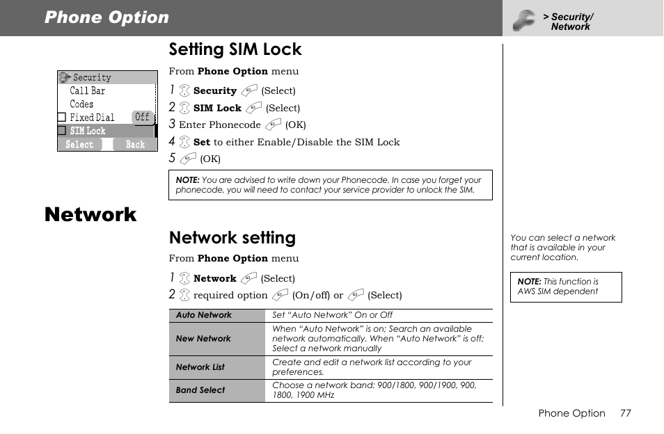 Network, Phone option, Setting sim lock | Network setting | Panasonic G70 User Manual | Page 80 / 109