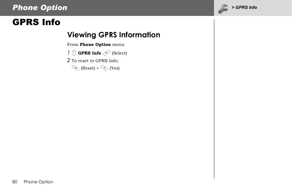 Gprs info, Phone option, Viewing gprs information | Panasonic G70 User Manual | Page 83 / 109