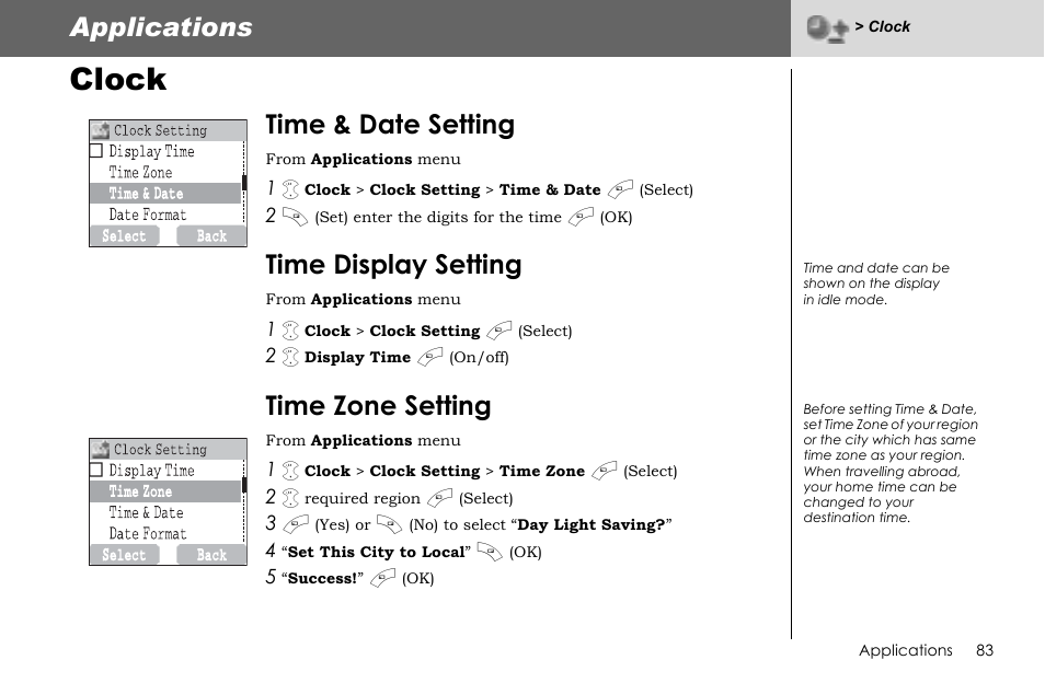 Clock, Applications, Time & date setting | Time display setting, Time zone setting | Panasonic G70 User Manual | Page 86 / 109