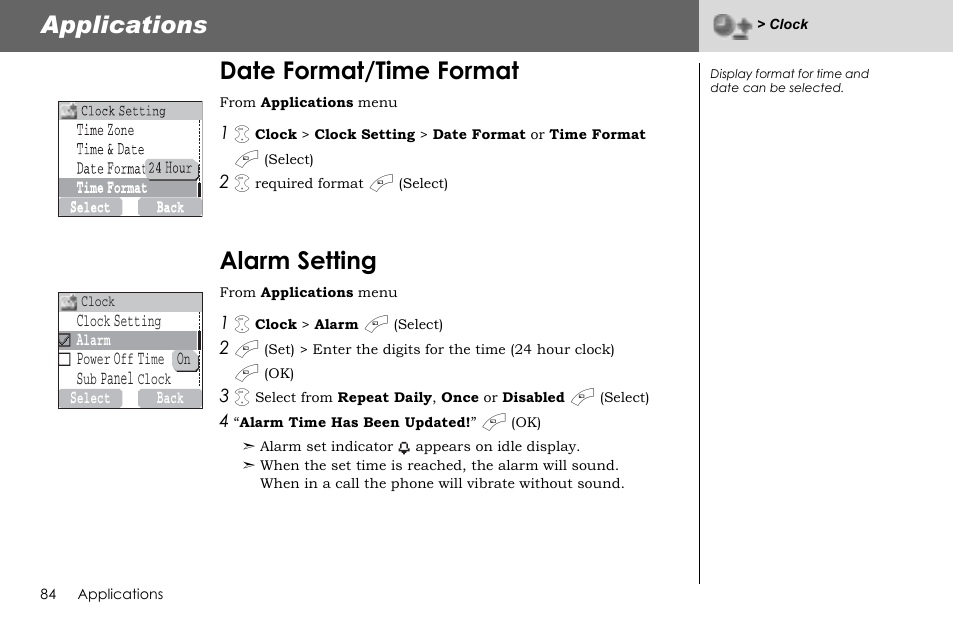 Applications, Date format/time format, Alarm setting | Panasonic G70 User Manual | Page 87 / 109