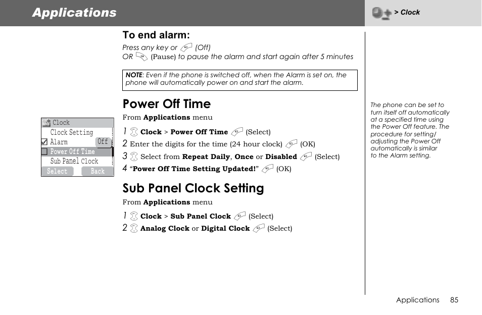 Applications, Power off time, Sub panel clock setting | Panasonic G70 User Manual | Page 88 / 109