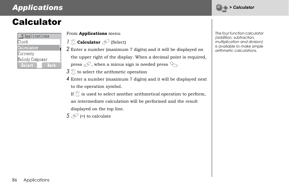 Calculator, Applications | Panasonic G70 User Manual | Page 89 / 109
