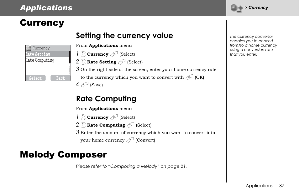 Currency, Melody composer, Applications | Setting the currency value, Rate computing | Panasonic G70 User Manual | Page 90 / 109