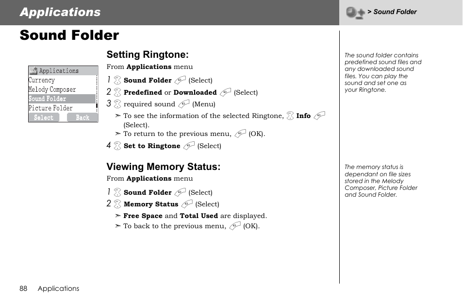 Sound folder, Applications, Setting ringtone | Panasonic G70 User Manual | Page 91 / 109