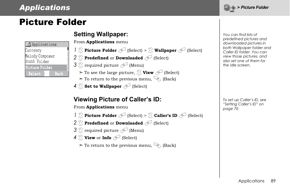 Picture folder, Applications | Panasonic G70 User Manual | Page 92 / 109