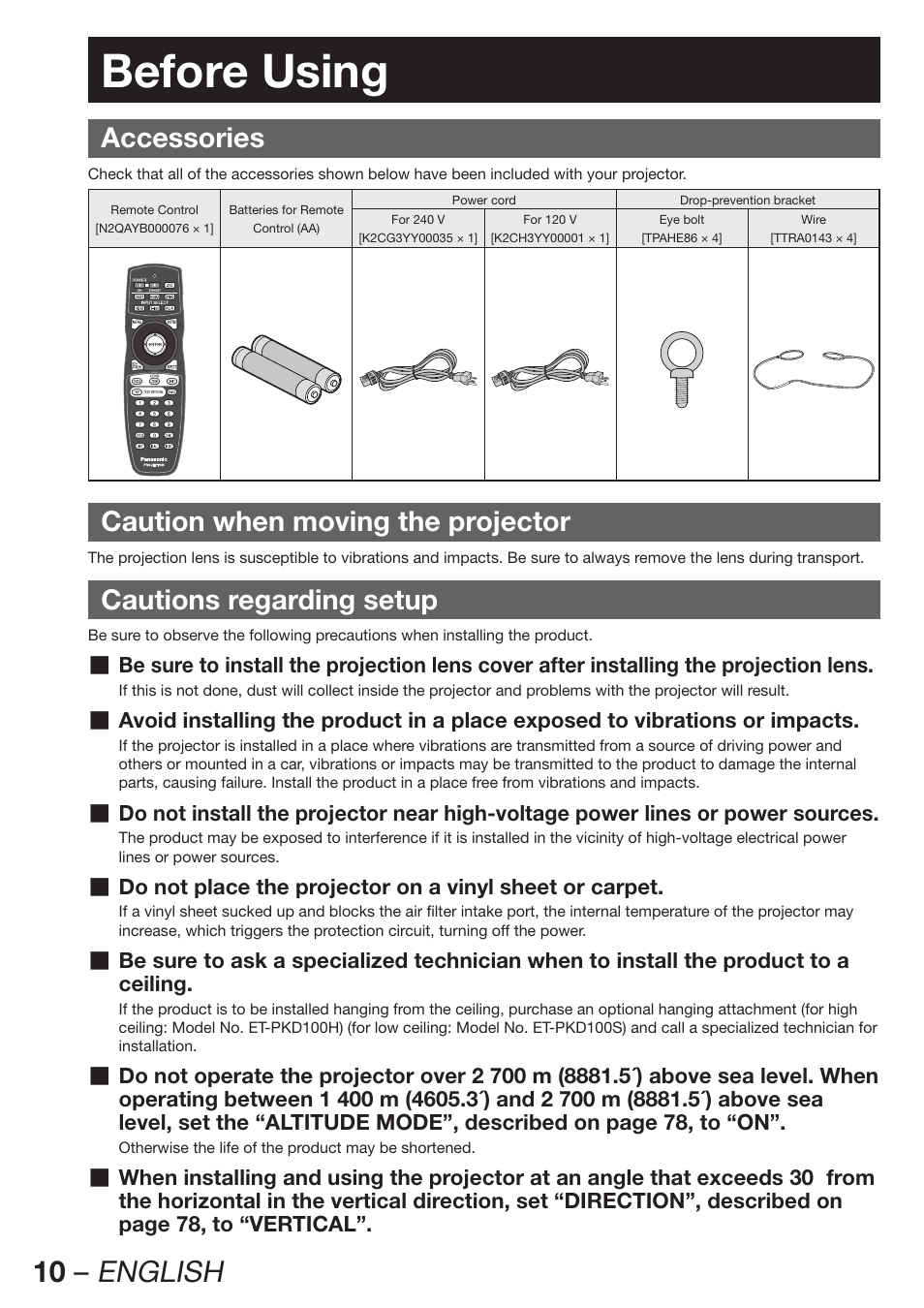 Before using, 10 – english, Accessories | Caution when moving the projector, Cautions regarding setup | Panasonic PT-D12000U User Manual | Page 10 / 138