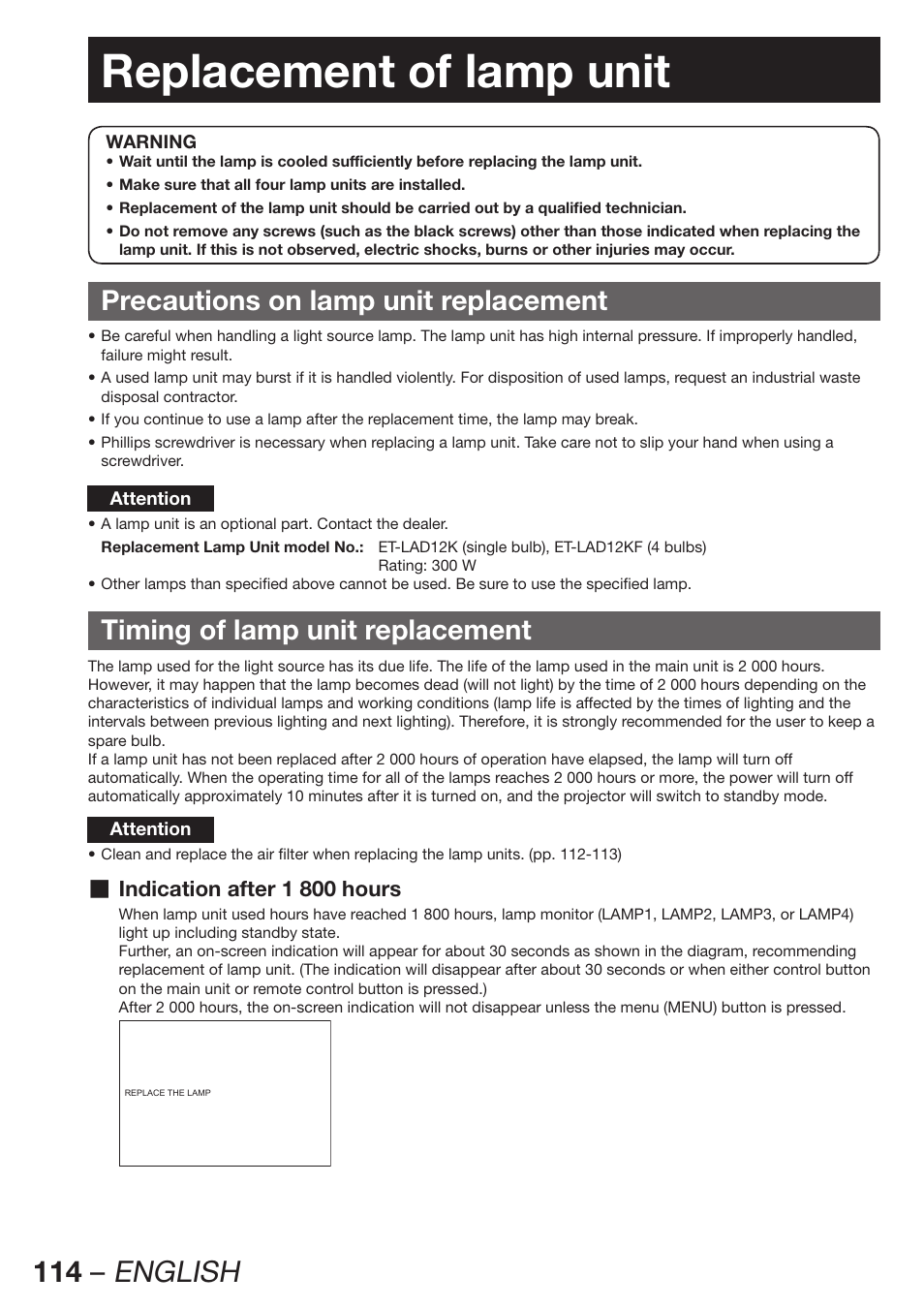 Replacement of lamp unit, 114 – english, Precautions on lamp unit replacement | Timing of lamp unit replacement | Panasonic PT-D12000U User Manual | Page 114 / 138