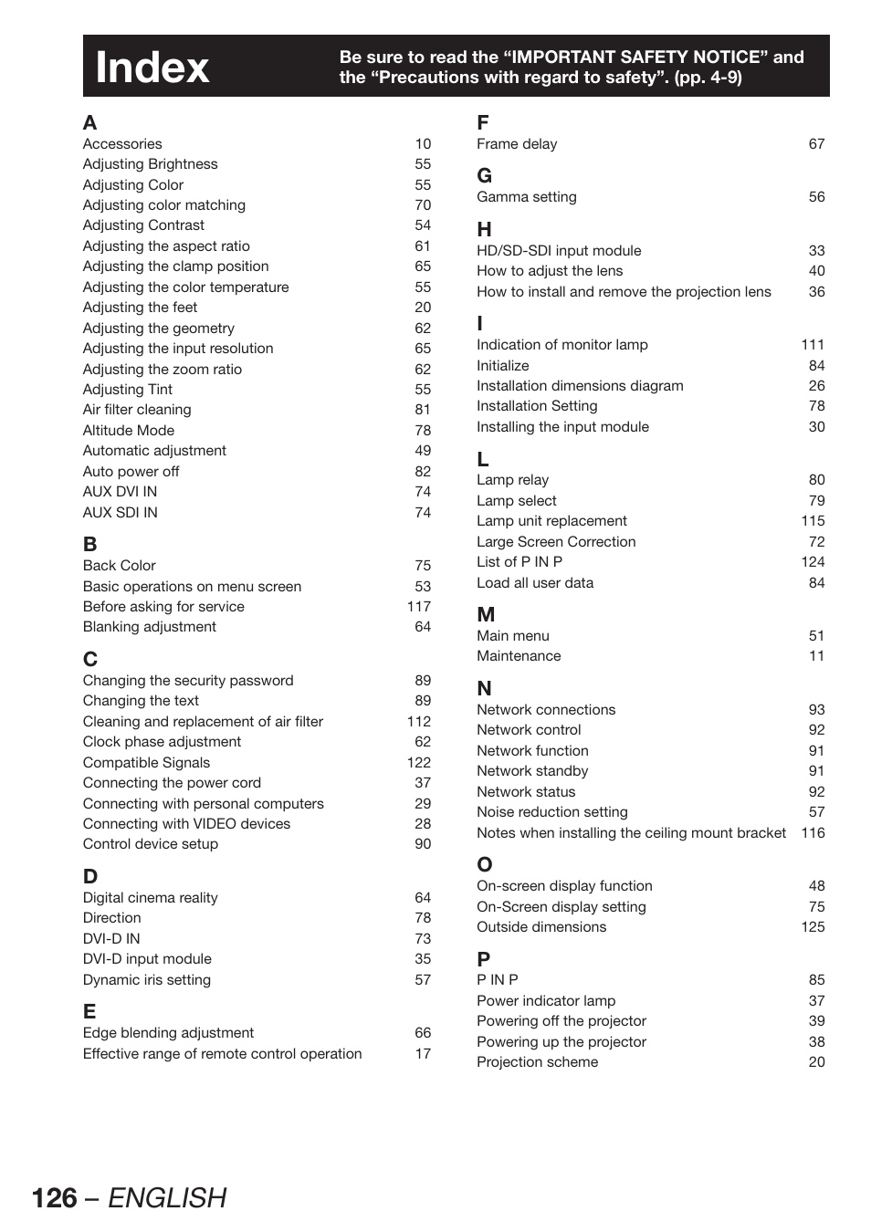 Index, 126 – english | Panasonic PT-D12000U User Manual | Page 126 / 138