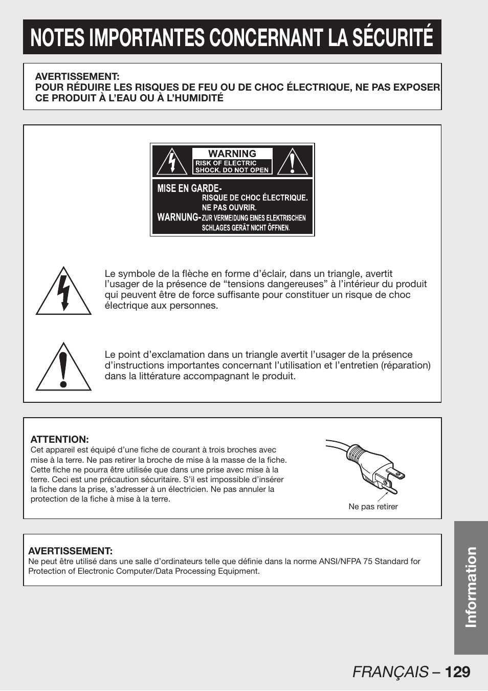 Français – 129, Information | Panasonic PT-D12000U User Manual | Page 129 / 138
