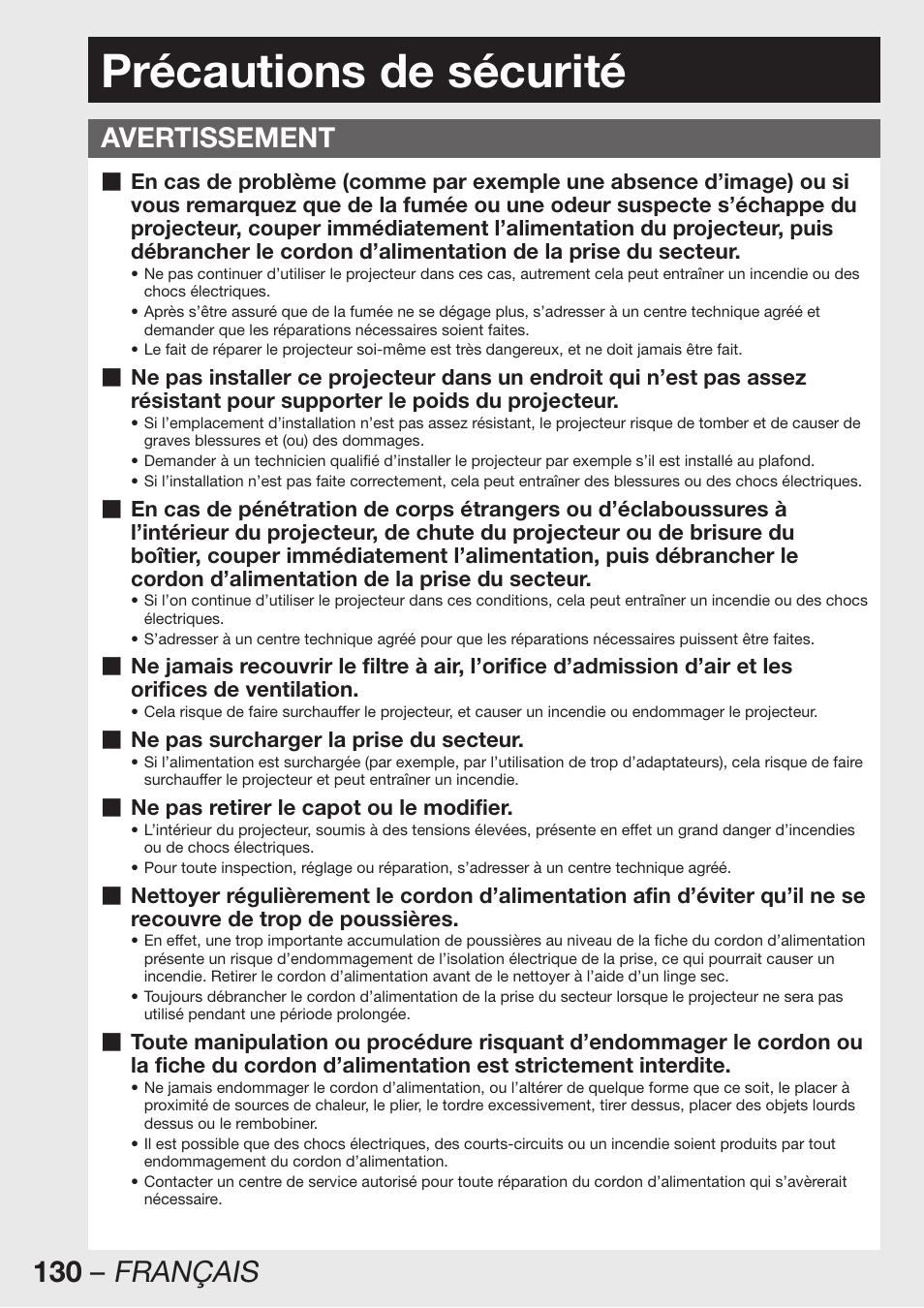 Précautions de sécurité, 130 – français, Avertissement | Panasonic PT-D12000U User Manual | Page 130 / 138