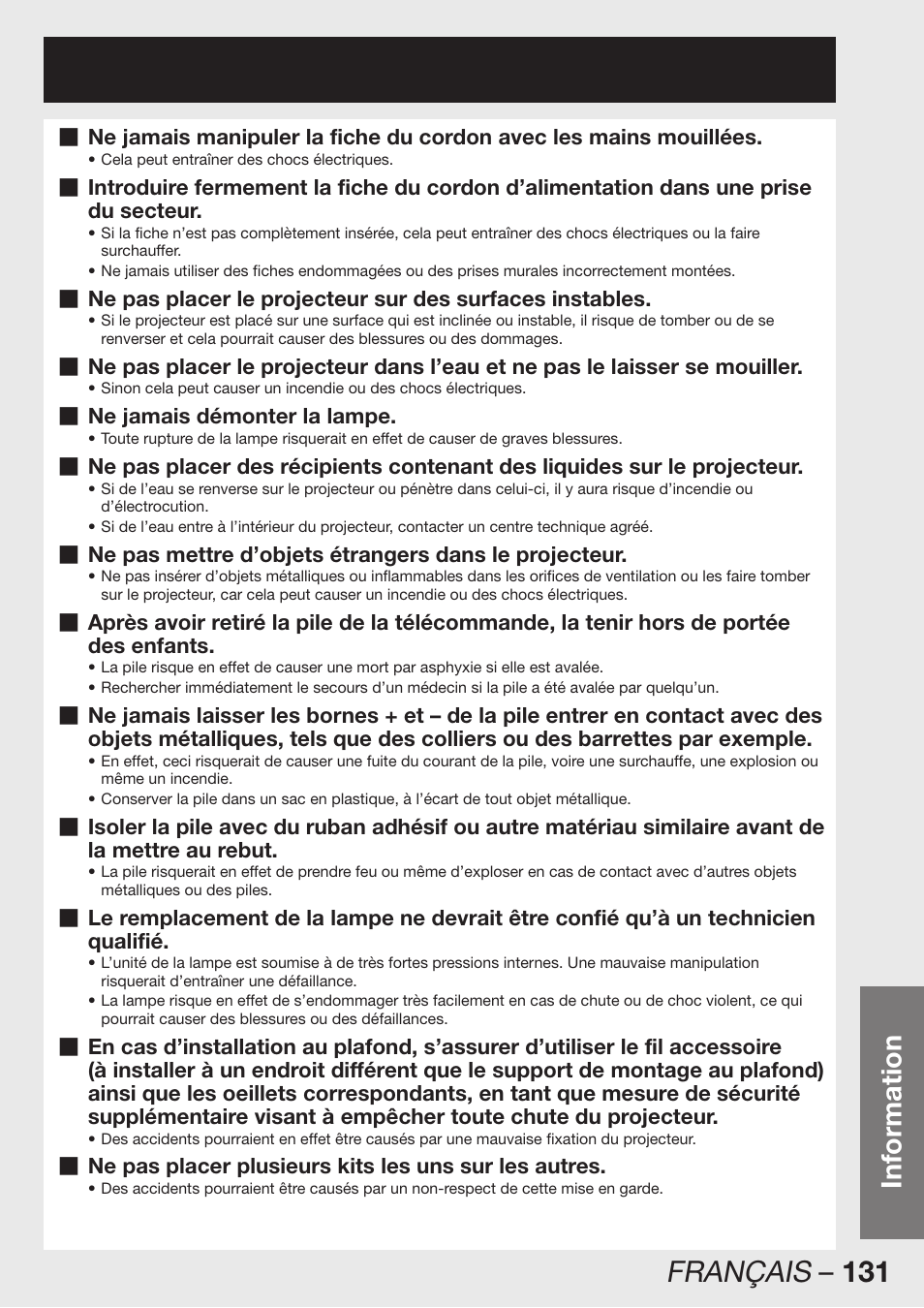 Français – 131, Information | Panasonic PT-D12000U User Manual | Page 131 / 138