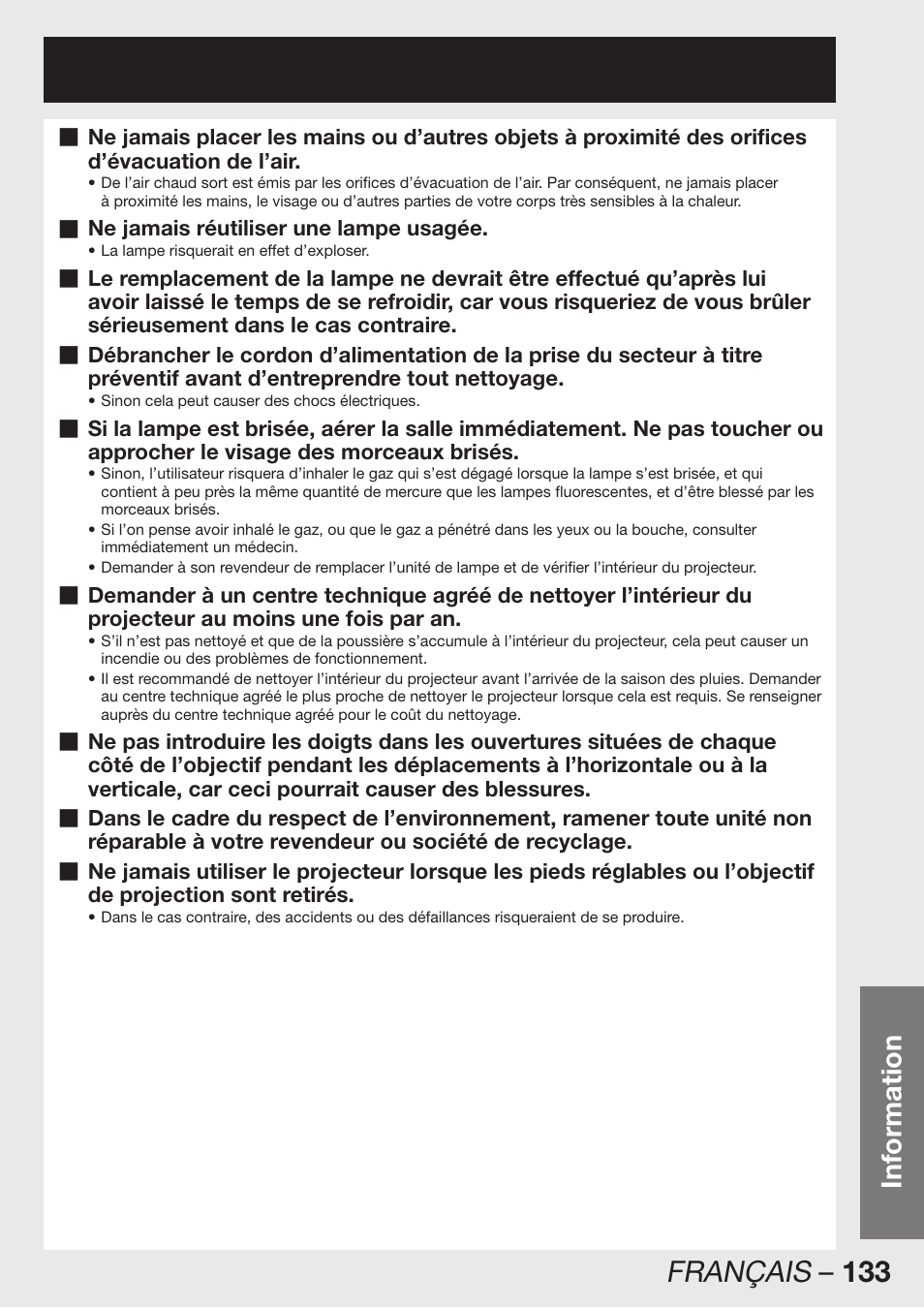 Français – 133, Information | Panasonic PT-D12000U User Manual | Page 133 / 138