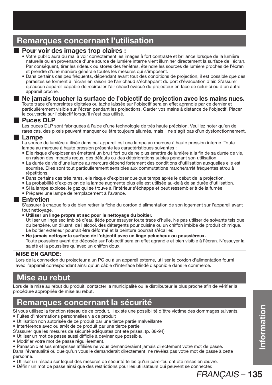 Français – 135, Information remarques concernant l’utilisation, Mise au rebut | Remarques concernant la sécurité | Panasonic PT-D12000U User Manual | Page 135 / 138