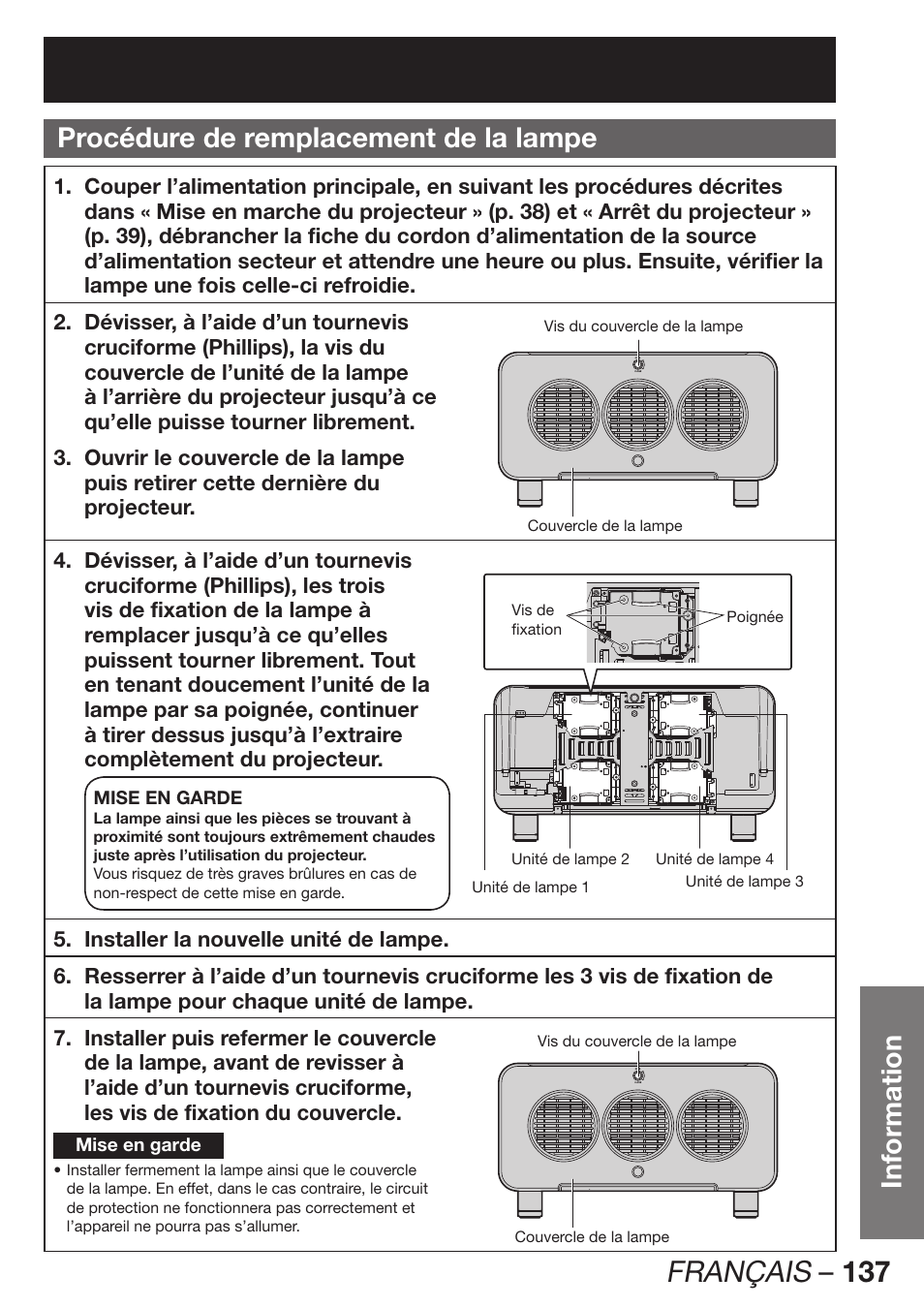Français – 137, Information procédure de remplacement de la lampe | Panasonic PT-D12000U User Manual | Page 137 / 138