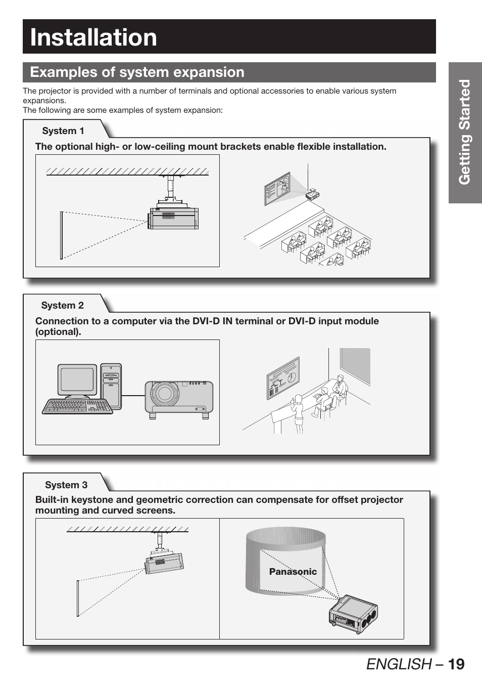 Installation, English – 19, Getting started | Examples of system expansion | Panasonic PT-D12000U User Manual | Page 19 / 138