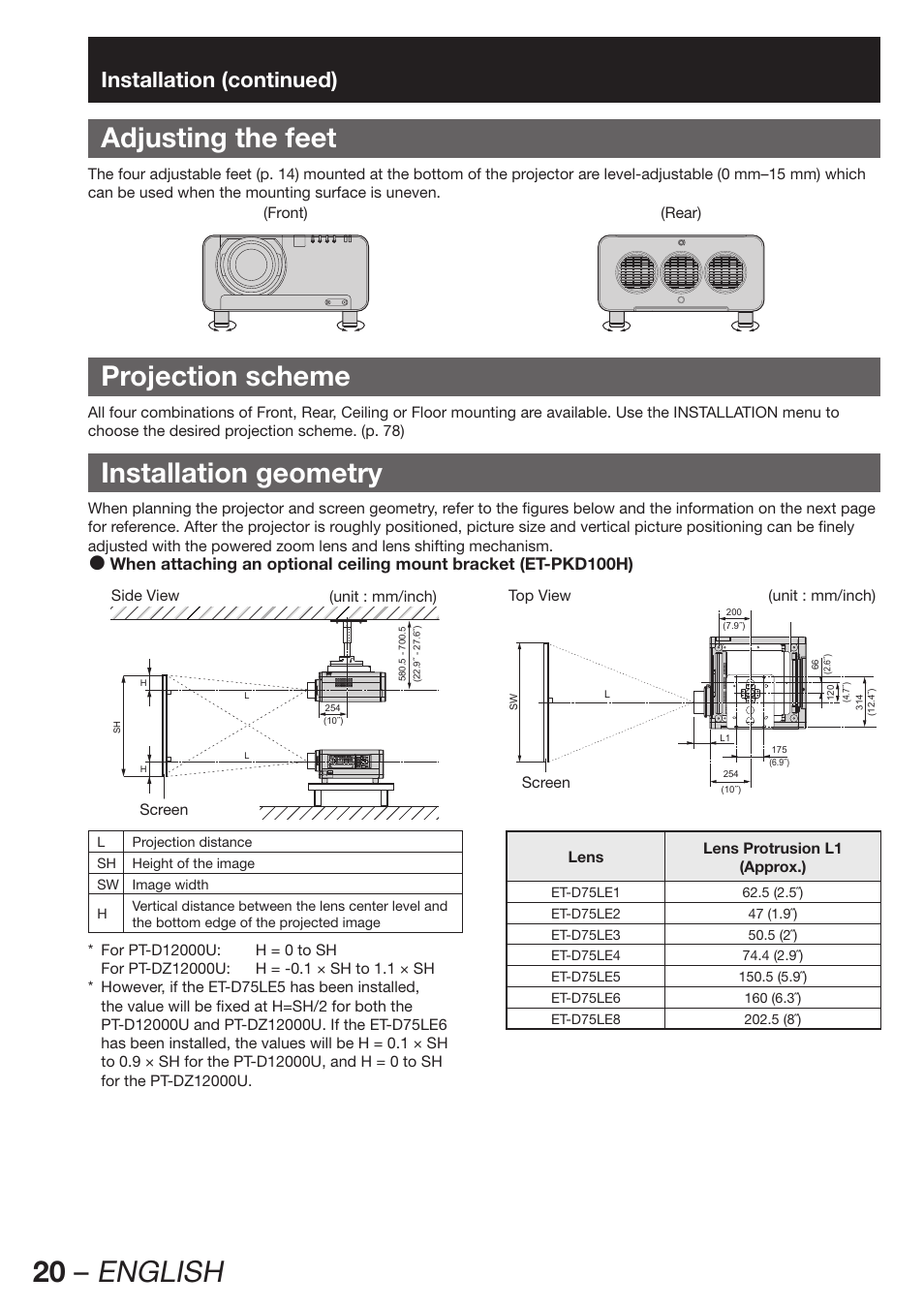 20 – english, Adjusting the feet, Projection scheme | Installation geometry, Installation (continued) | Panasonic PT-D12000U User Manual | Page 20 / 138