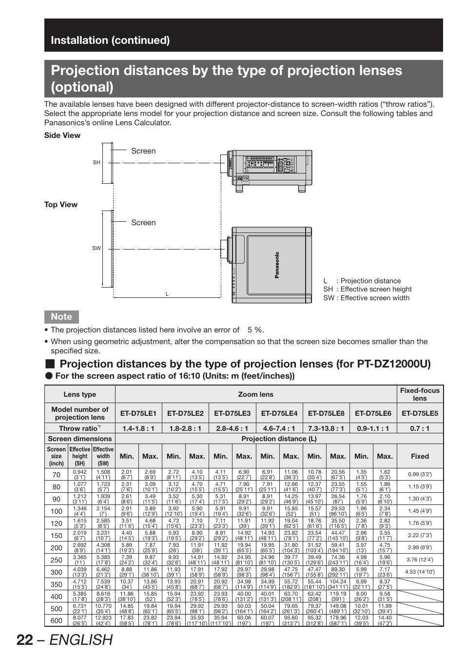 22 – english, Installation (continued), Screen | Screen side view top view | Panasonic PT-D12000U User Manual | Page 22 / 138