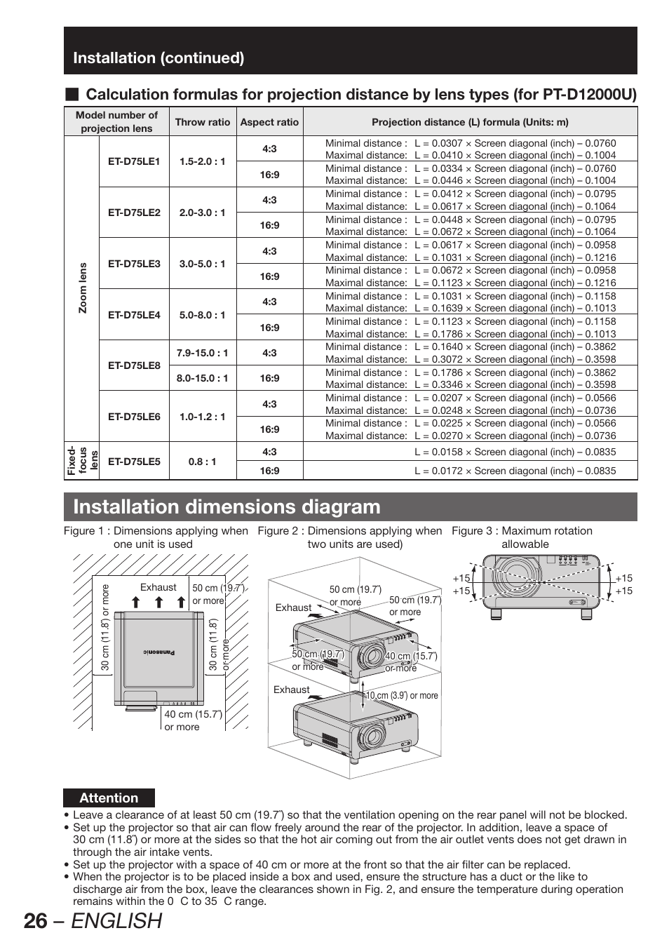 26 – english, Installation dimensions diagram, Attention | Panasonic PT-D12000U User Manual | Page 26 / 138