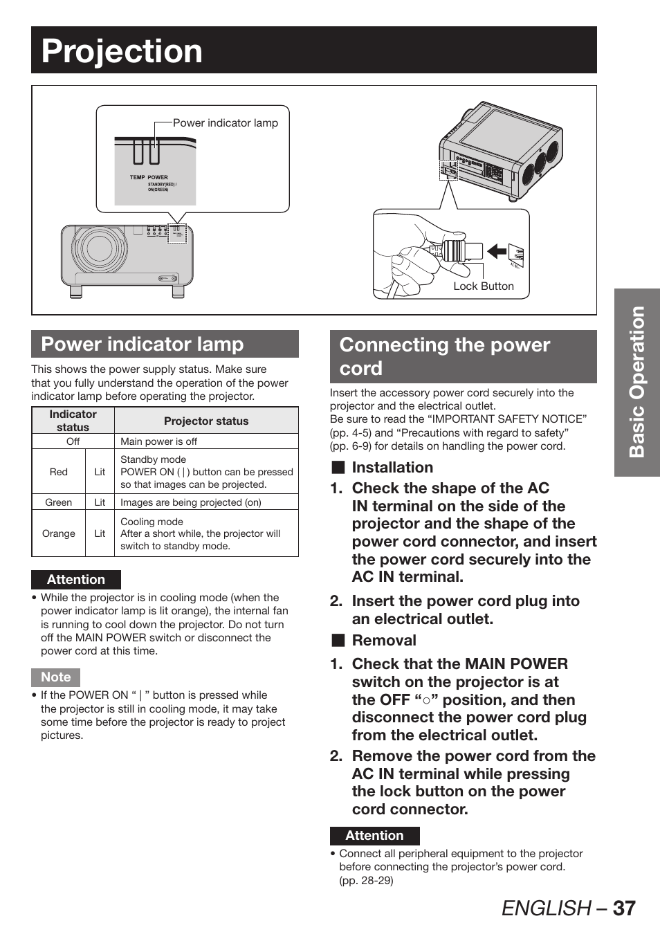 Projection, English – 37, Basic operation | Power indicator lamp, Connecting the power cord | Panasonic PT-D12000U User Manual | Page 37 / 138