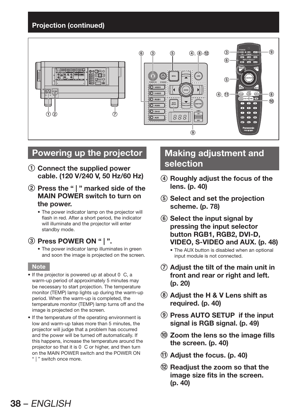 38 – english, Powering up the projector, Making adjustment and selection | Panasonic PT-D12000U User Manual | Page 38 / 138