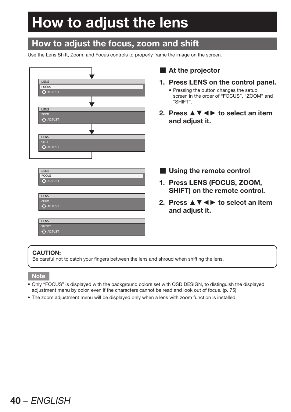 How to adjust the lens, 40 – english, How to adjust the focus, zoom and shift | Panasonic PT-D12000U User Manual | Page 40 / 138