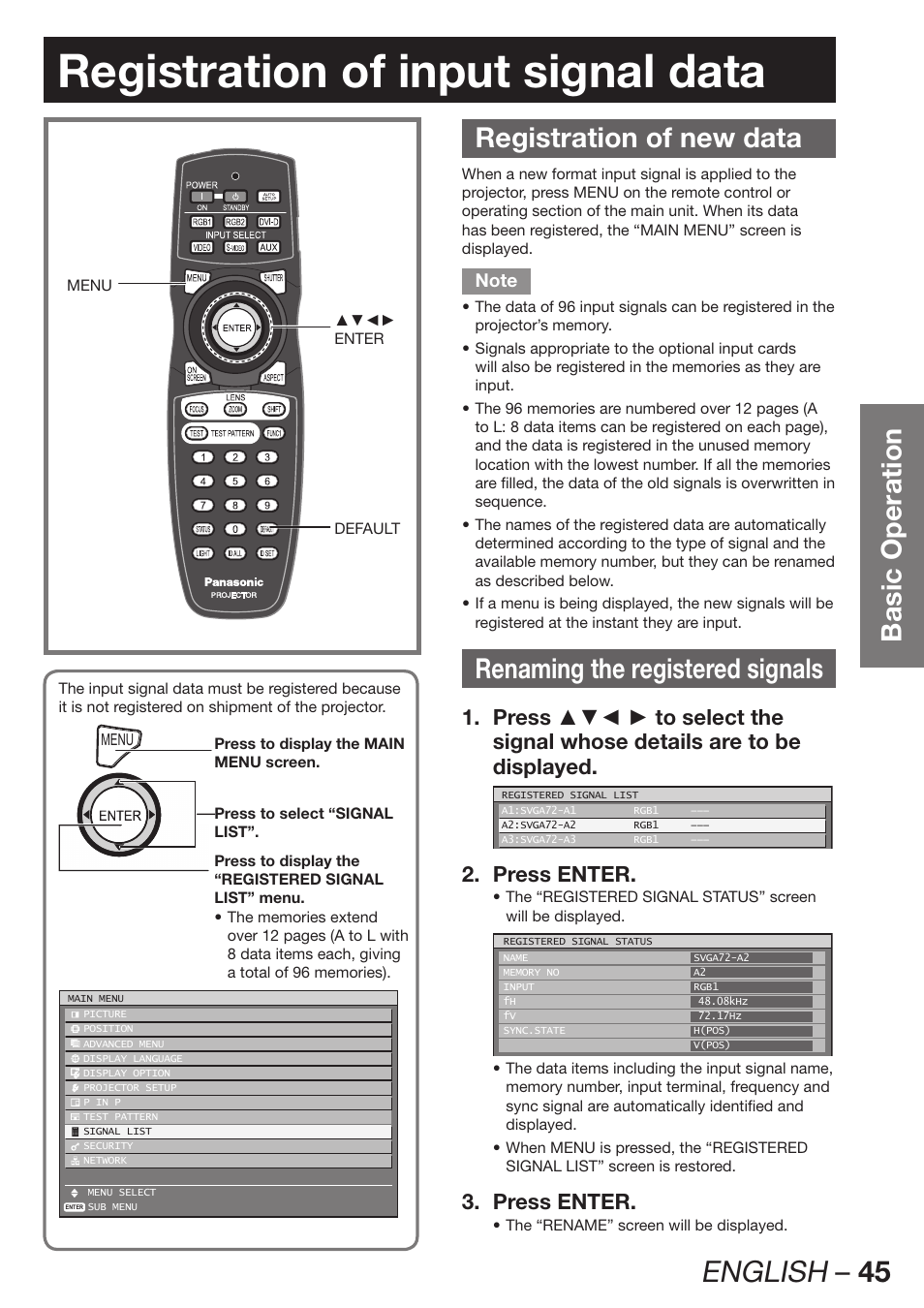 Registration of input signal data, English – 45, Basic operation | Registration of new data, Renaming the registered signals, Press enter. 2, Press enter. 3 | Panasonic PT-D12000U User Manual | Page 45 / 138