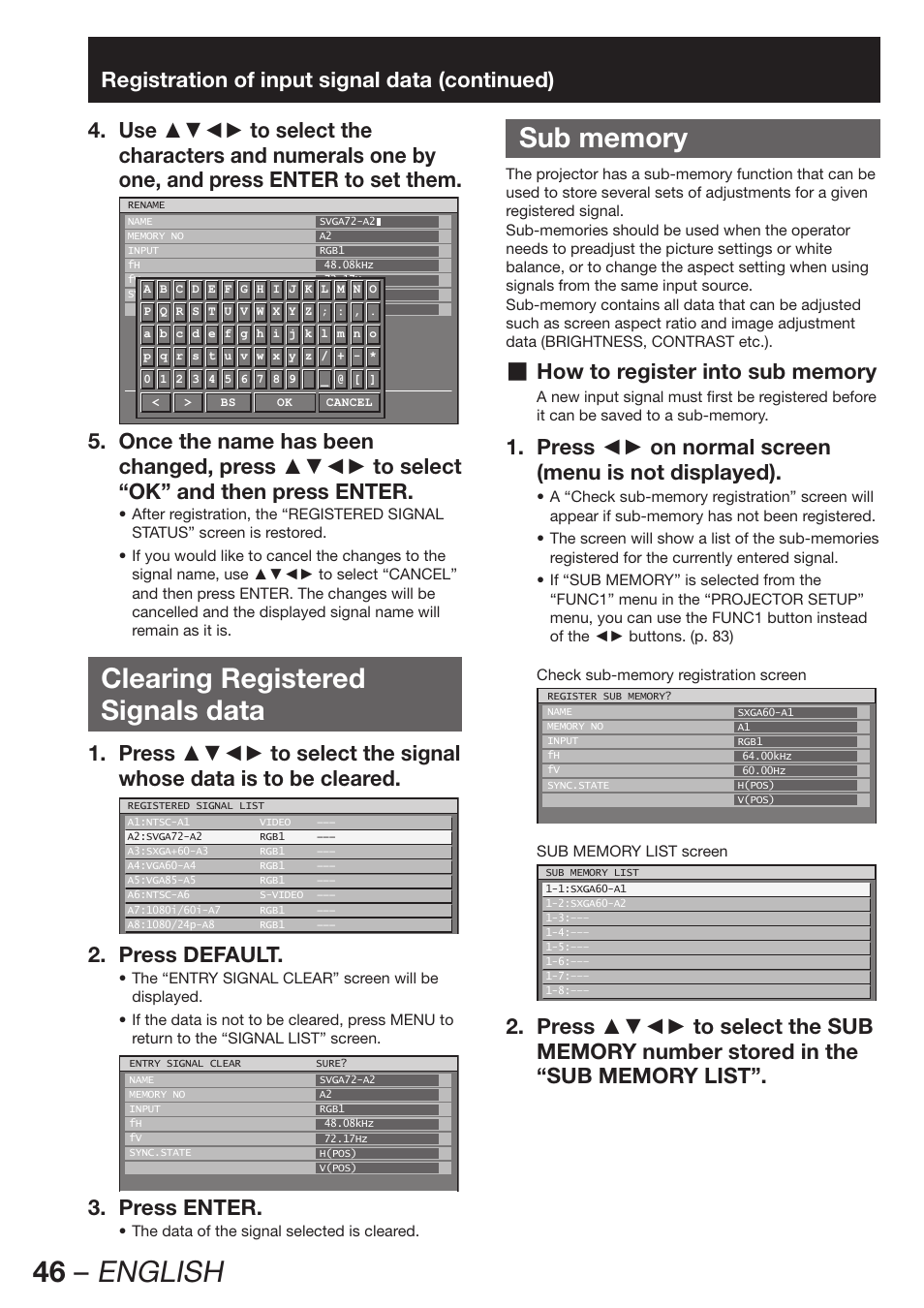 46 – english, Clearing registered signals data, Press default. 2 | Press enter. 3 | Panasonic PT-D12000U User Manual | Page 46 / 138