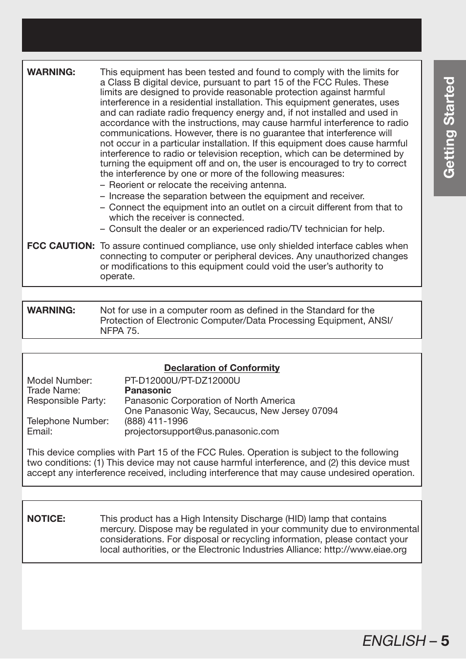 English – 5, Getting started | Panasonic PT-D12000U User Manual | Page 5 / 138