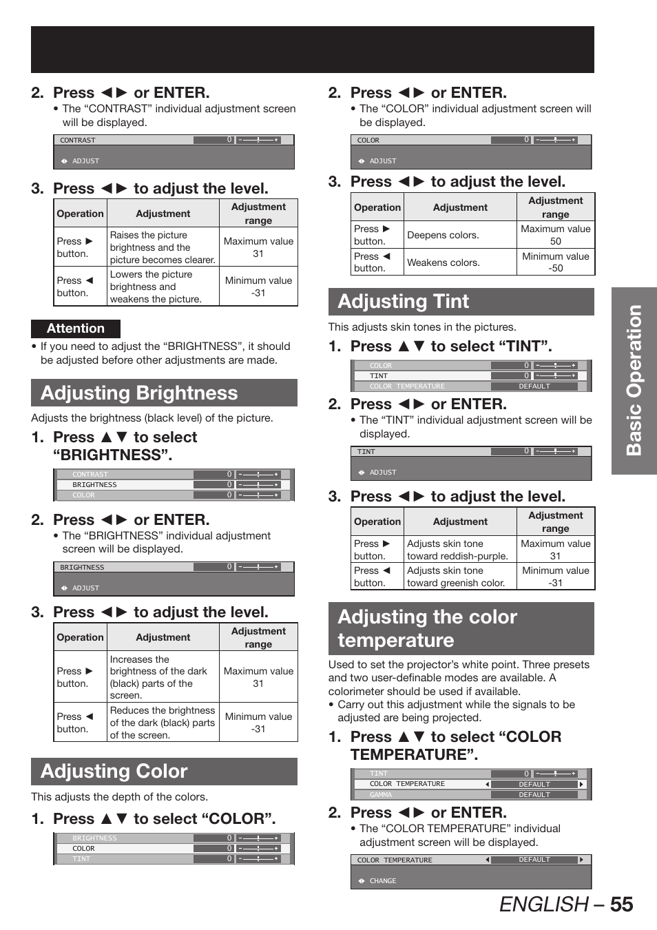 English – 55, Basic operation, Adjusting brightness | Adjusting color, Adjusting tint, Adjusting the color temperature, Press ◄► or enter. 2, Press ◄► to adjust the level. 3, Press ▲▼ to select 1. “brightness, Press ▲▼ to select “color”. 1 | Panasonic PT-D12000U User Manual | Page 55 / 138