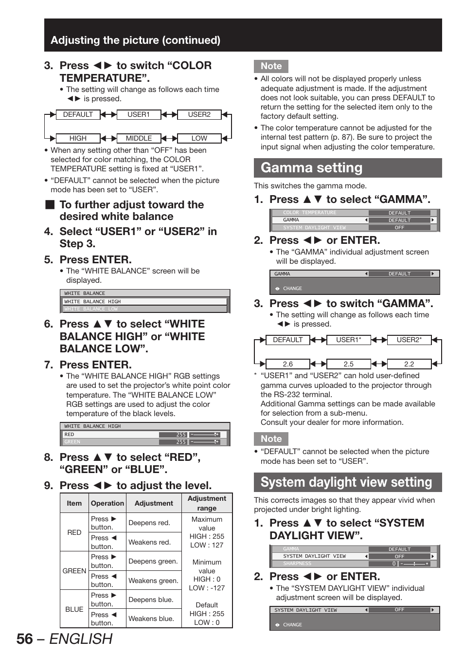 56 – english, Gamma setting, System daylight view setting | Press ▲▼ to select “gamma”. 1, Press ◄► or enter. 2, Press ◄► to switch “gamma”. 3, Press ▲▼ to select “system 1. daylight view | Panasonic PT-D12000U User Manual | Page 56 / 138