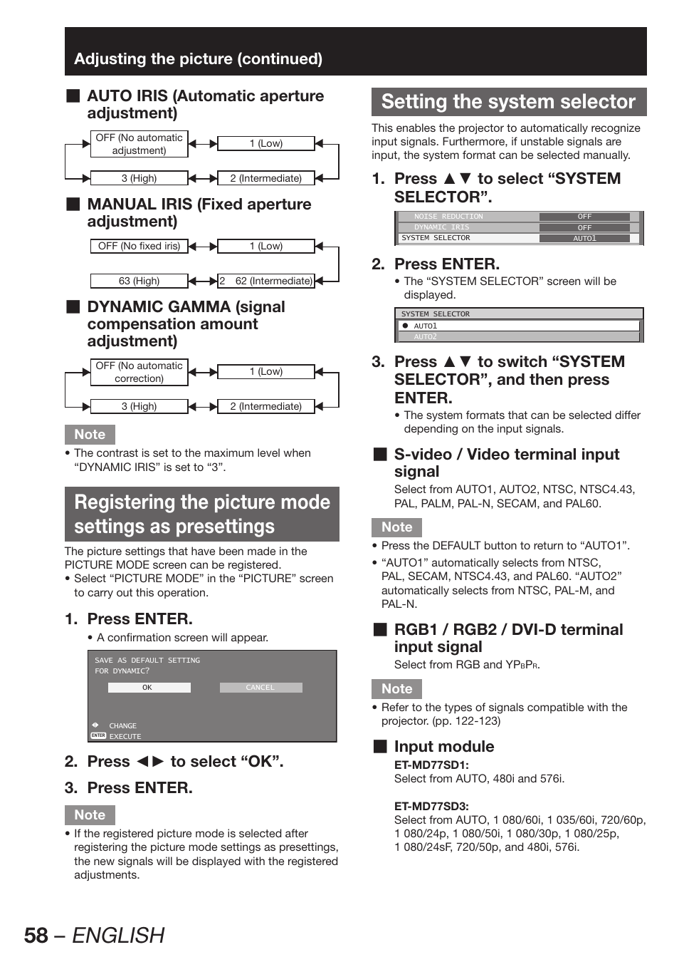 58 – english, Setting the system selector | Panasonic PT-D12000U User Manual | Page 58 / 138