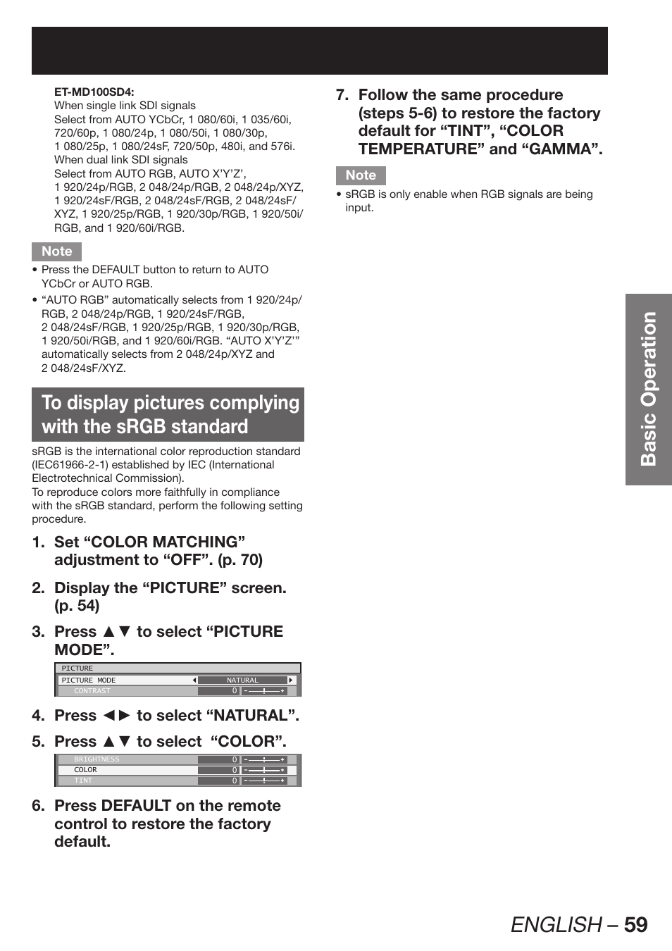 English – 59, Basic operation | Panasonic PT-D12000U User Manual | Page 59 / 138