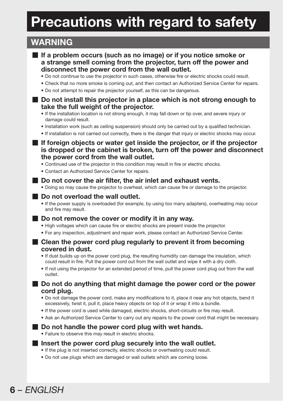 Precautions with regard to safety, 6 – english, Warning | Panasonic PT-D12000U User Manual | Page 6 / 138