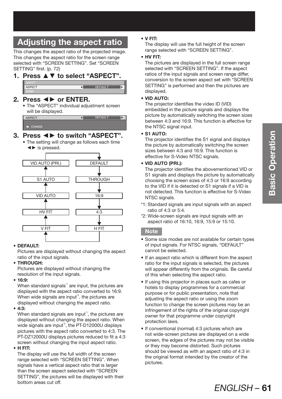 English – 61, Basic operation adjusting the aspect ratio, Press ▲▼ to select “aspect”. 1 | Press ◄► or enter. 2, Press ◄► to switch “aspect”. 3 | Panasonic PT-D12000U User Manual | Page 61 / 138